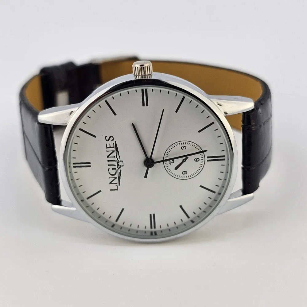 Women's Analog Watch 36MM White Dial Black Faux Leather Bands NEW‎ Battery